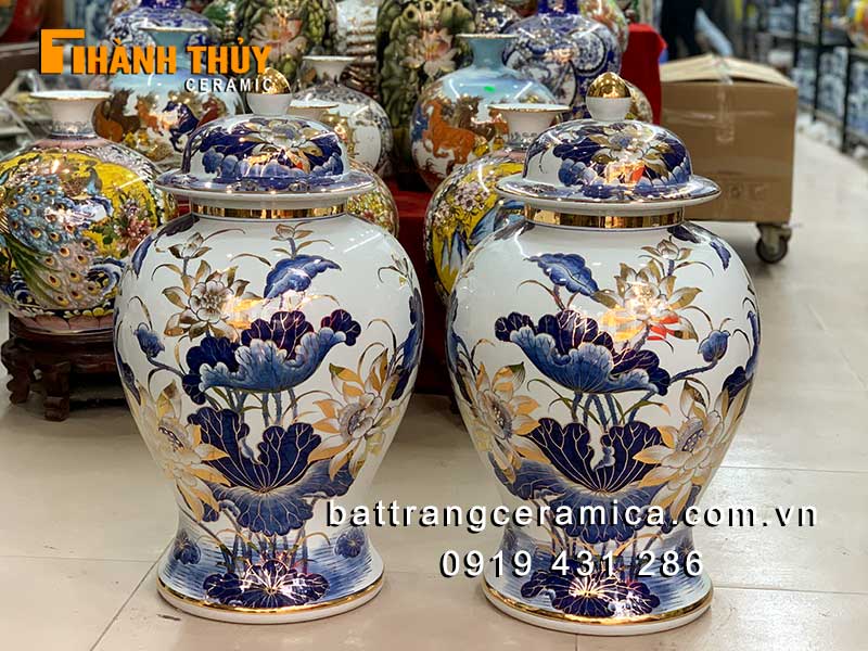 Chóe sứ Bát Tràng hoa sen vàng 24k 60 lít cao cấp phong thủy