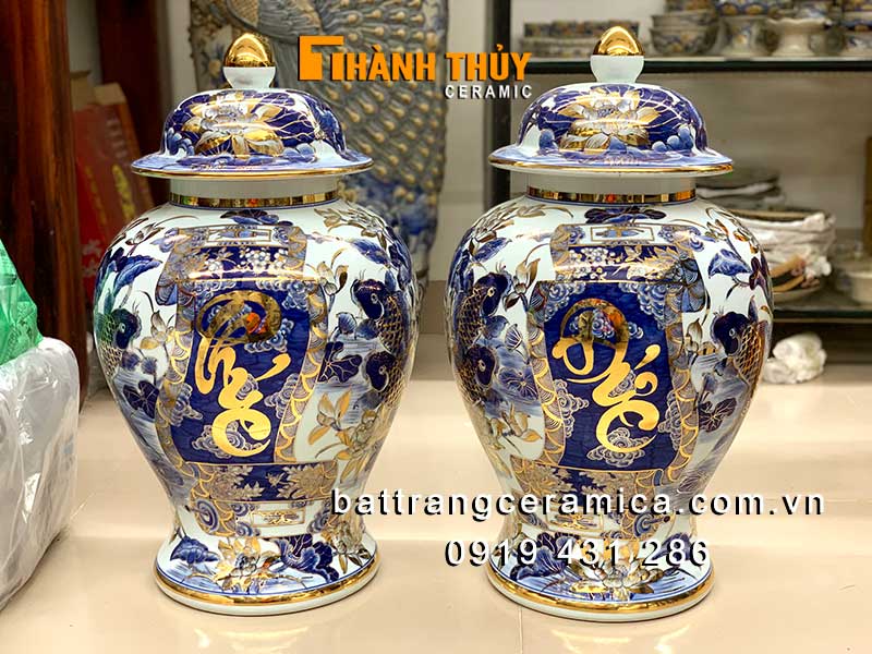 Chóe thờ sứ Bát Tràng vẽ vàng 24k 60lít tinh xảo sang trọng 