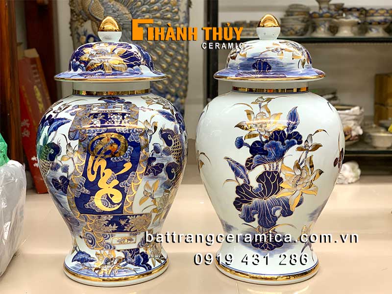 Chóe thờ sứ Bát Tràng vẽ vàng 24k 60lít tinh xảo sang trọng