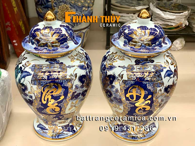 Chóe thờ sứ Bát Tràng vẽ vàng 24k 60lít tinh xảo sang trọng