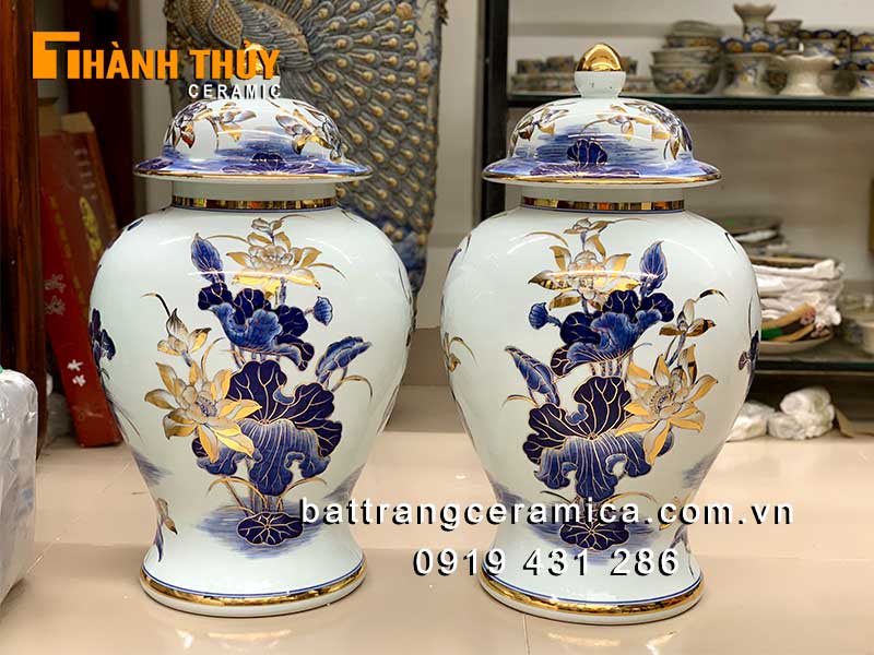 Chóe thờ sứ Bát Tràng vẽ vàng 24k 60lít tinh xảo sang trọng