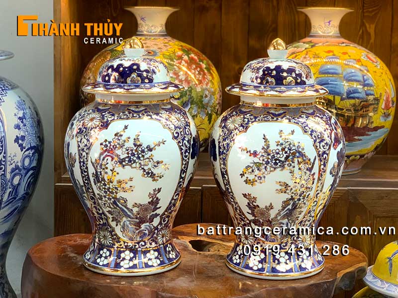 Chóe sứ Bát Tràng vẽ vàng 24k Tùng Cúc Sen Mai 15L sang trọng may mắn