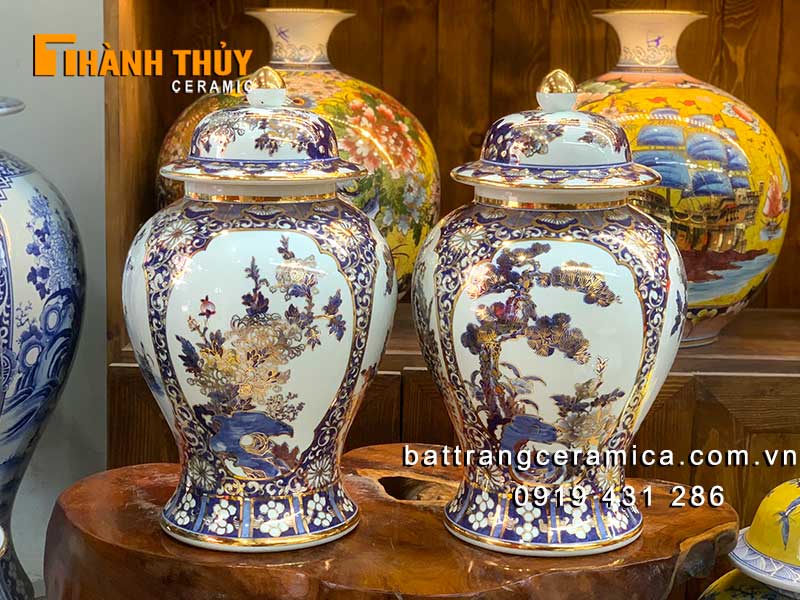 Chóe sứ Bát Tràng vẽ vàng 24k Tùng Cúc Sen Mai 15L sang trọng may mắn