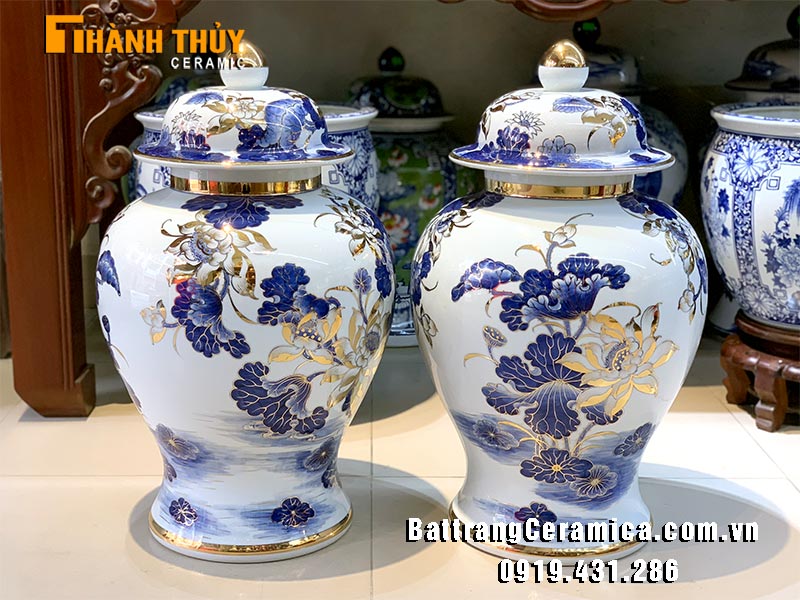 Chóe sứ Bát Tràng vẽ vàng 24k hoa sen 60cm cao cấp may mắn