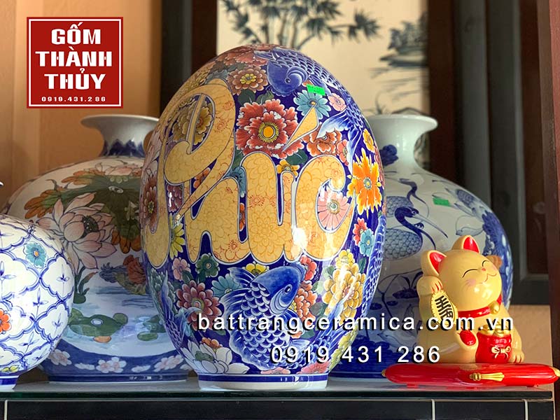 Trứng phong thủy Phúc Đức Ngàn Hoa 45cm men Lam Bát Tràng may mắn tài lộc