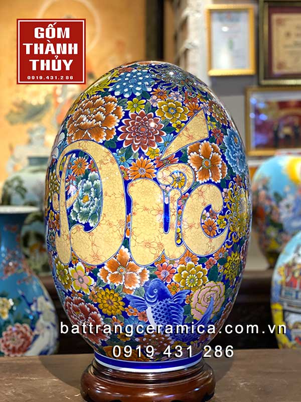 Trứng phong thủy Phúc Đức Ngàn Hoa 45cm men Lam Bát Tràng may mắn tài lộc
