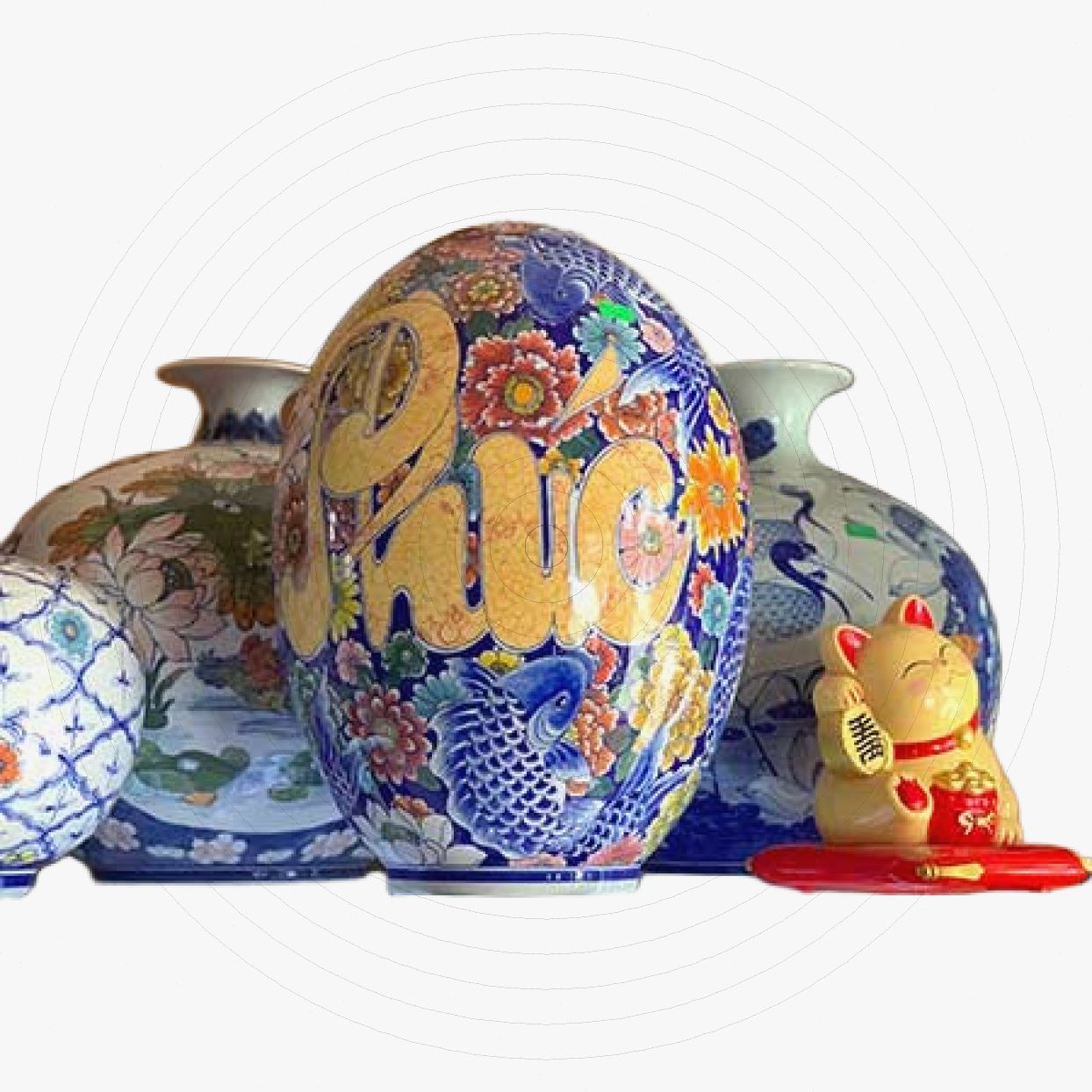 Trứng phong thủy Phúc Đức Ngàn Hoa 45cm men Lam Bát Tràng may mắn tài lộc 