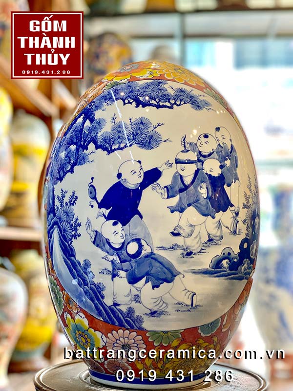 Trứng phong thủy Bát Tràng vẽ nhị cảnh bách nhi 45cm sang trọng Trứng phong thủy Bát Tràng vẽ nhị cảnh bách nhi 45cm sang trọng
