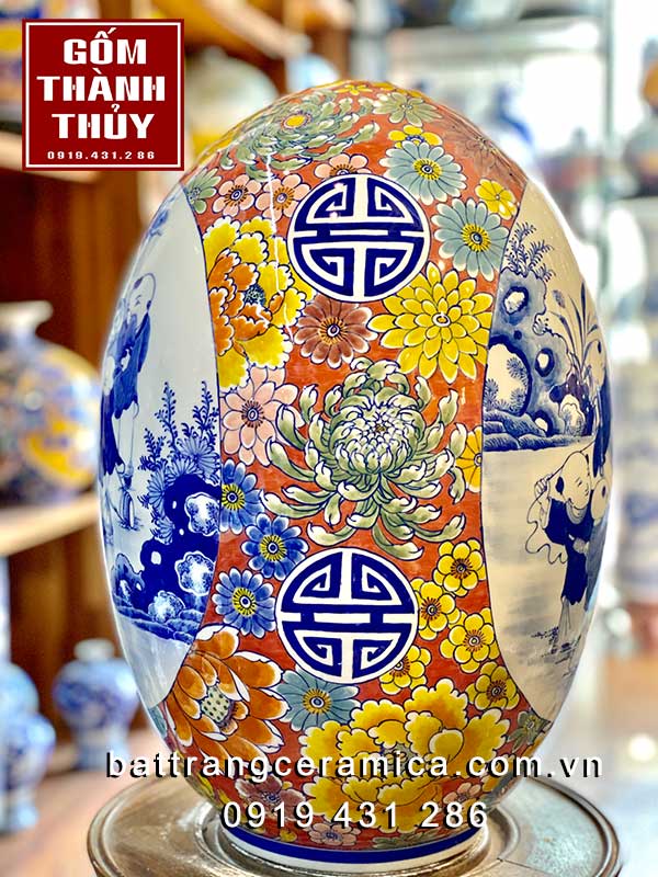 Trứng phong thủy Bát Tràng vẽ nhị cảnh bách nhi 45cm sang trọng Trứng phong thủy Bát Tràng vẽ nhị cảnh bách nhi 45cm sang trọng
