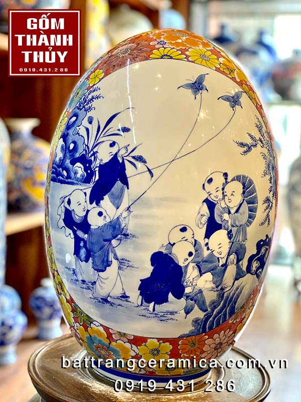 Trứng phong thủy Bát Tràng vẽ nhị cảnh bách nhi 45cm sang trọng Trứng phong thủy Bát Tràng vẽ nhị cảnh bách nhi 45cm sang trọng