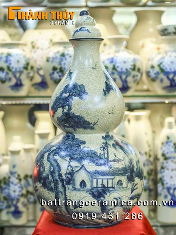 Hồ lô gốm sứ cao 60cm vẽ sơn thuỷ quà tặng phong thuỷ