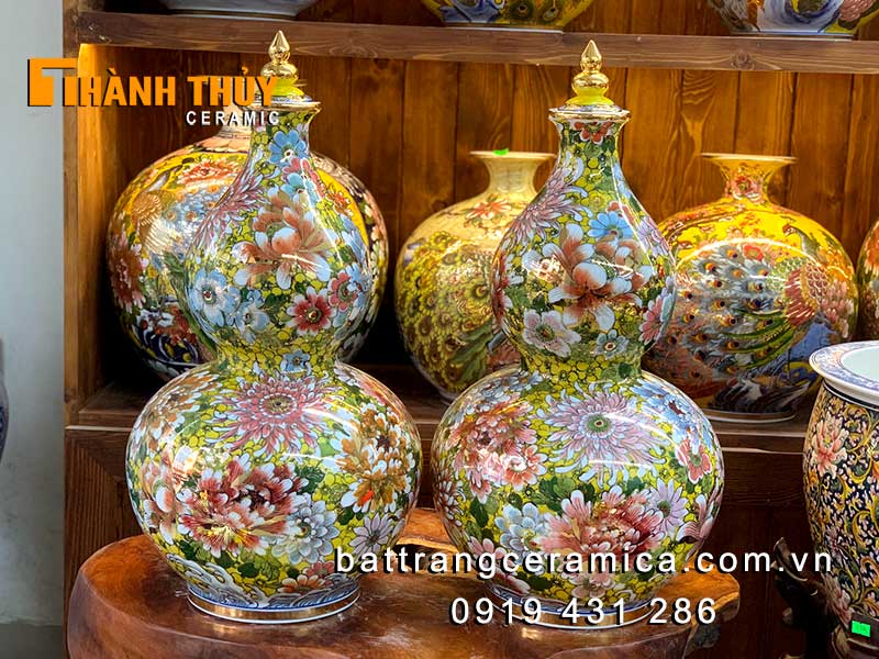 Hồ lô phong thủy Bát Tràng bách hoa phú quý vàng h60 sang trọng may mắn Hồ lô phong thủy Bát Tràng bách hoa phú quý vàng h60 sang trọng may mắn