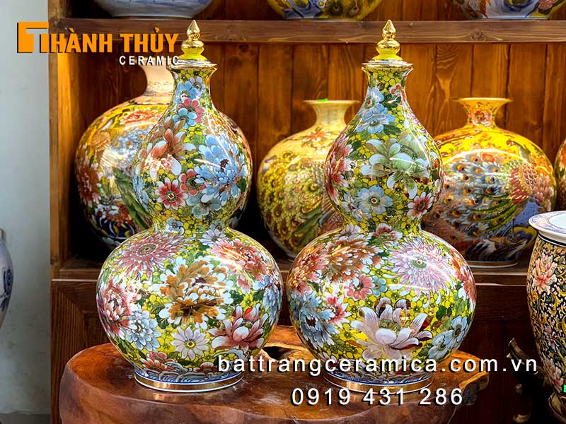 Hồ lô phong thủy Bát Tràng bách hoa phú quý vàng h60 sang trọng may mắn 