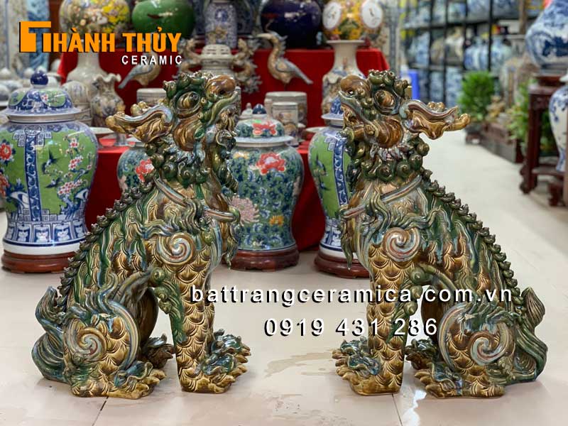 Tượng nghê gốm sứ Bát Tràng 70cm phong thủy cao cấp trang trí nhà thờ 
