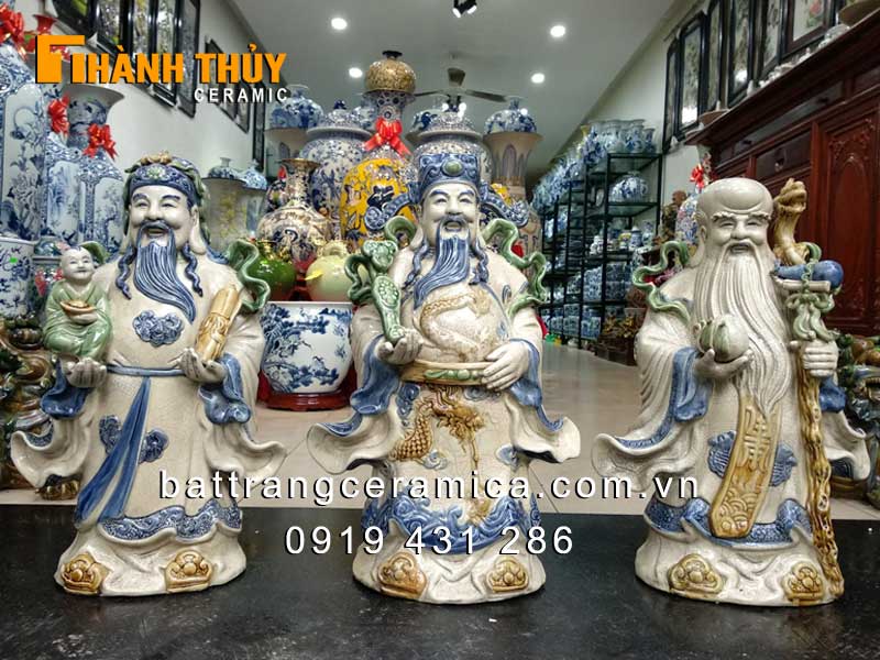 Tượng Phúc Lộc Thọ giả cổ 60cm trang trí phong thủy may mắn 