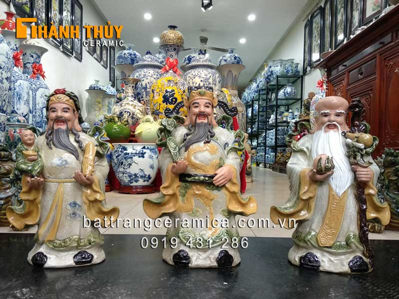 Tượng Phúc Lộc Thọ men rạn cổ 52 cm quà tặng phong thủy 