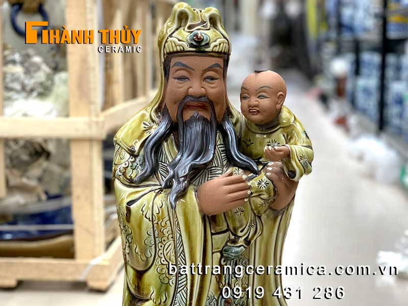 Tượng Phúc Lộc Thọ sứ men vàng lưu ly 60cm, quà tặng phong thủy