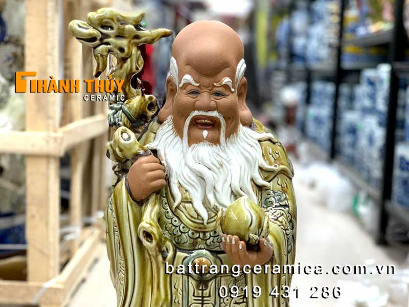 Tượng Phúc Lộc Thọ sứ men vàng lưu ly 60cm, quà tặng phong thủy