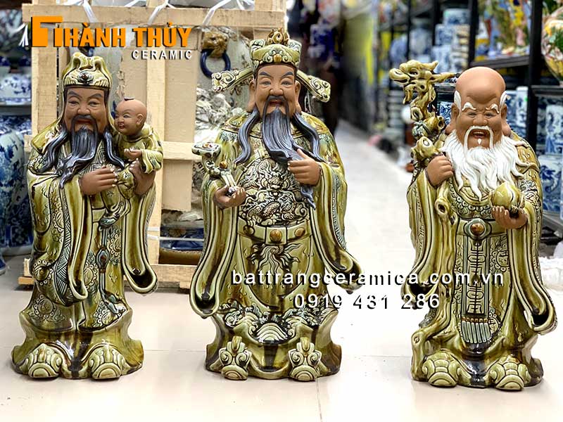 Tượng Phúc Lộc Thọ sứ men vàng lưu ly 60cm, quà tặng phong thủy 