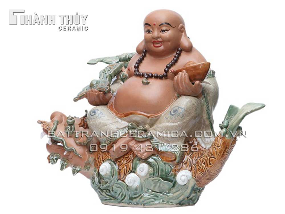 Tượng Di Lặc ngồi cá Chép hóa Rồng Bát Tràng 40cm may mắn tài lộc