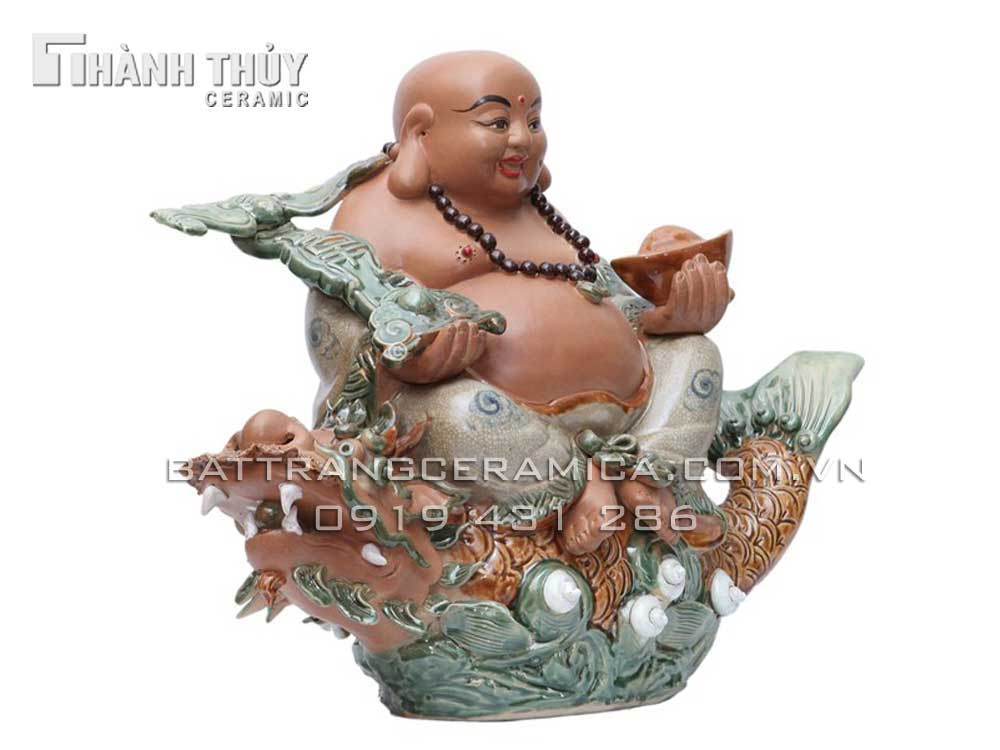 Tượng Di Lặc ngồi cá Chép hóa Rồng Bát Tràng 40cm may mắn tài lộc
