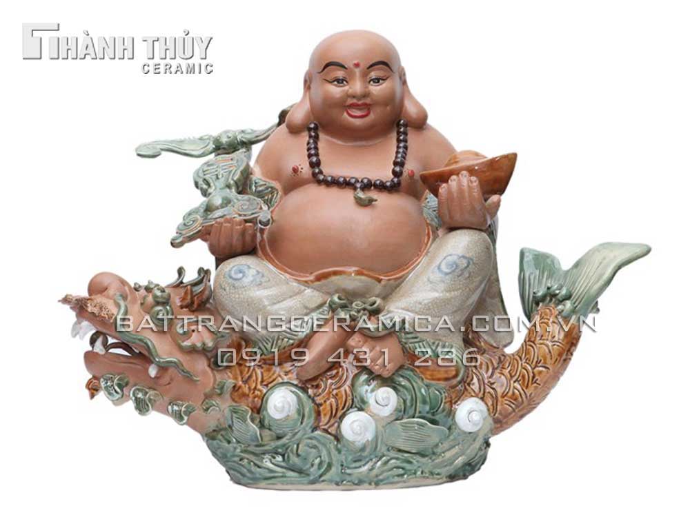 Tượng Di Lặc ngồi cá Chép hóa Rồng Bát Tràng 40cm may mắn tài lộc 