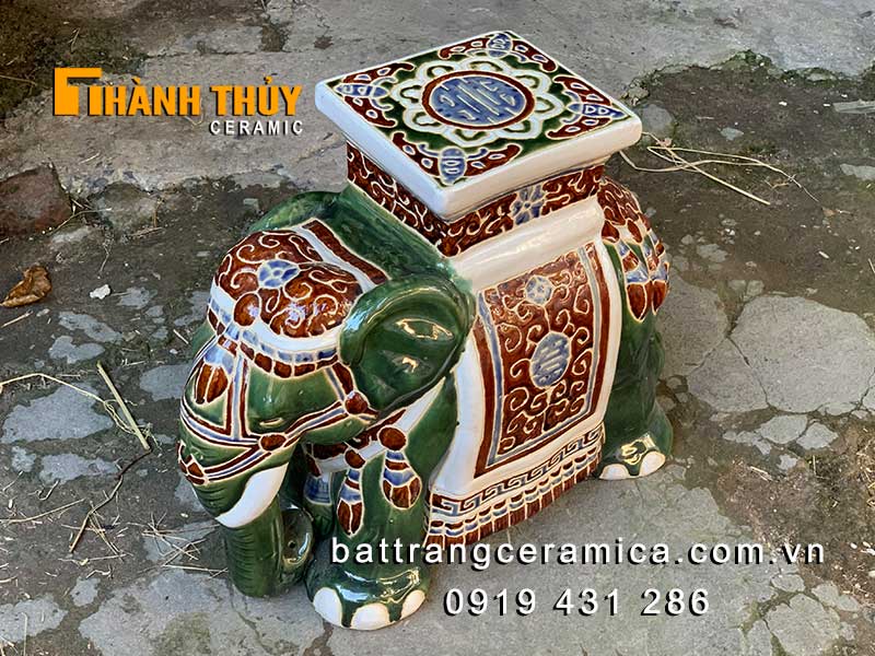 Đôn voi gốm Biên Hòa xanh lớn trang trí phong thủy sang trọng