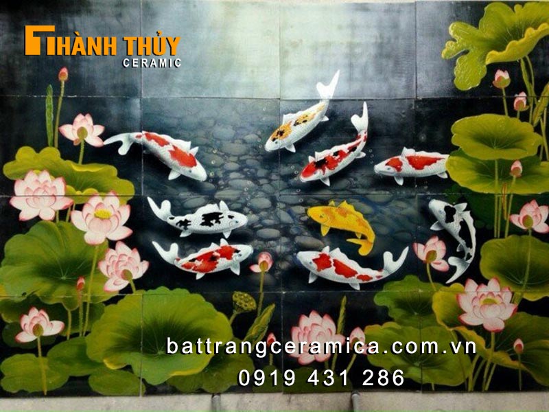 Tranh gốm ốp tường cửu ngư quần hội Bát Tràng sang trọng