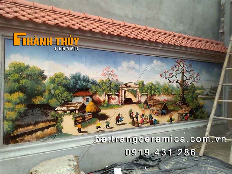 Tranh gốm sứ Bát Tràng ốp tường đẹp Phong cảnh chợ quê