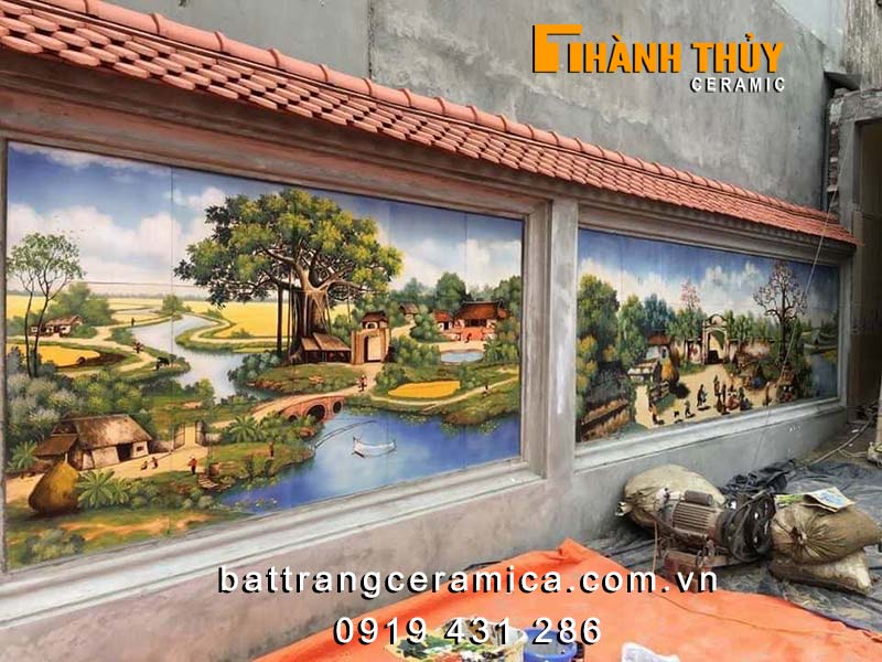 Tranh gốm sứ Bát Tràng ốp tường đẹp Phong cảnh chợ quê