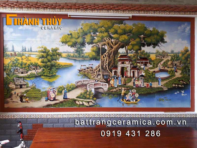 Tranh gốm sứ Bát Tràng ốp tường cảnh làng quan họ đẹp 