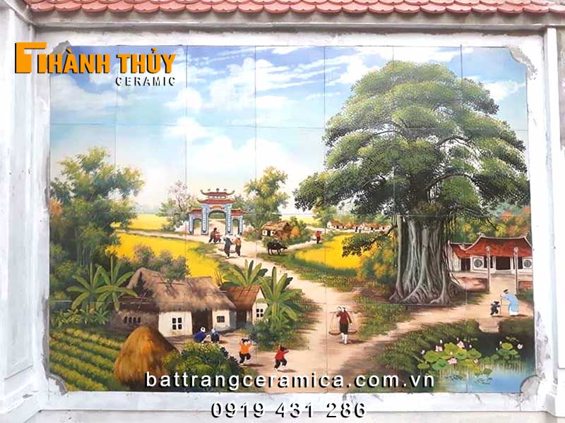 Tranh ốp tường ngoài trời làng quê gốm Bát Tràng đẹp chất lượng