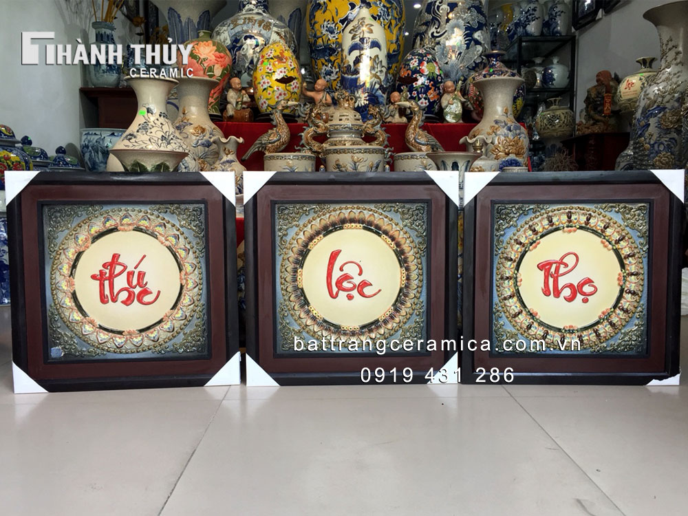 Tranh Phúc Lộc Thọ Bát Tràng 50x50cm trang trí phong thủy may mắn 