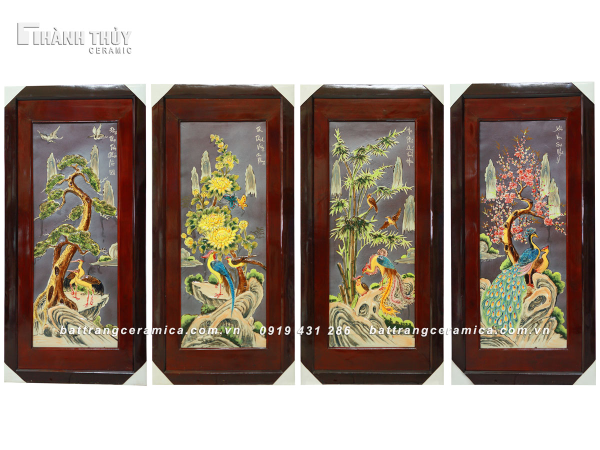 Tranh tứ cảnh Tùng Cúc Trúc Mai men Nâu 48x98cm sang trọng phong thủy