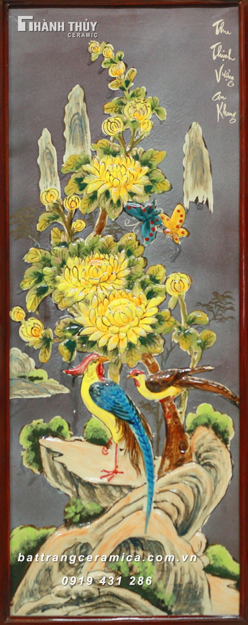 Tranh tứ cảnh Tùng Cúc Trúc Mai men Nâu 48x98cm sang trọng phong thủy