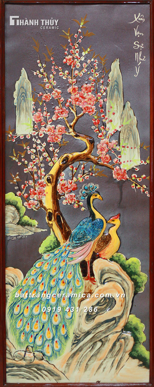 Tranh tứ cảnh Tùng Cúc Trúc Mai men Nâu 48x98cm sang trọng phong thủy