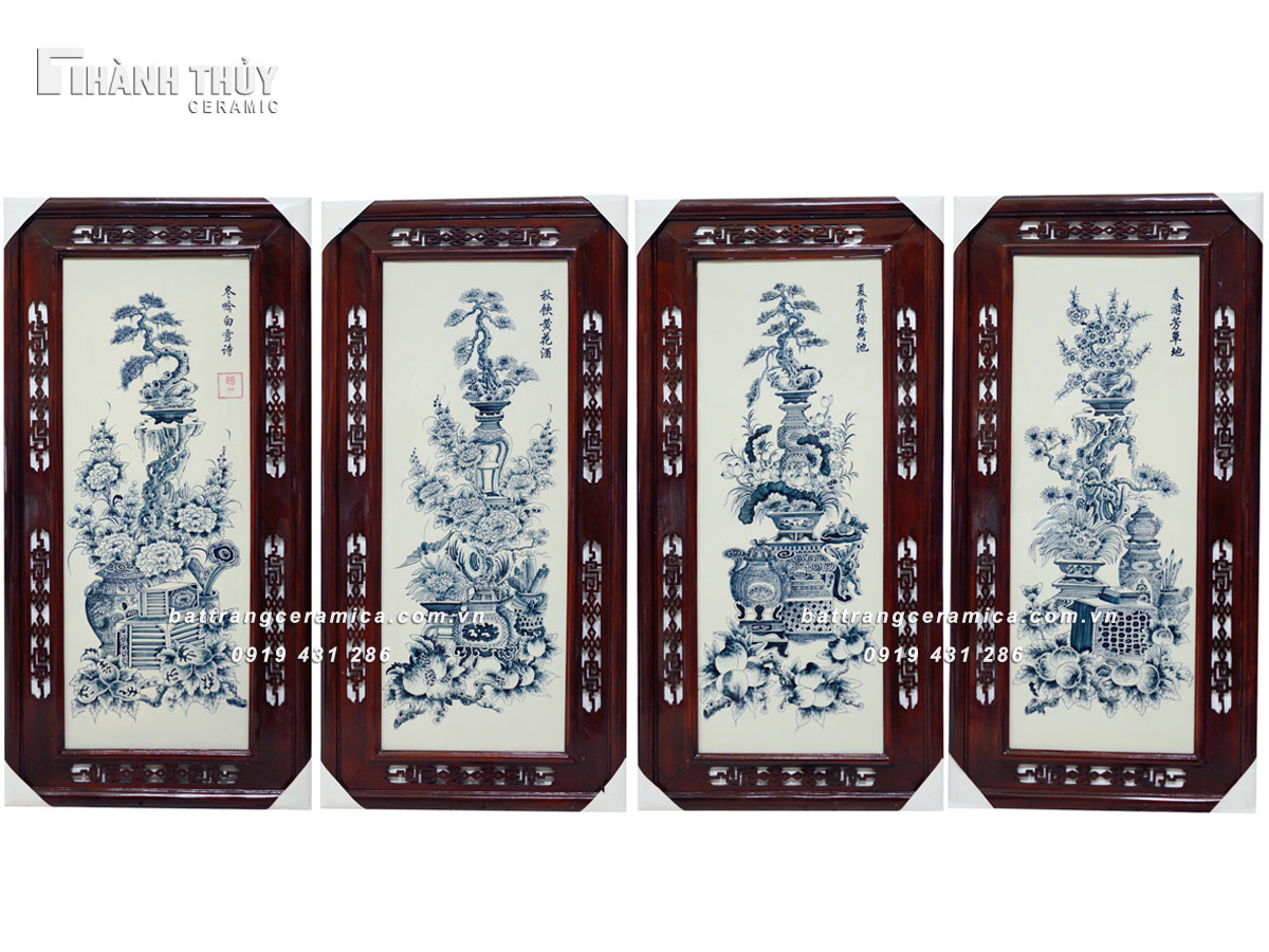 Tranh Cổ Đồ Vẽ Bon Sai 46x92cm Bộ 4 Bức Khung Đẹp Tặng Phong Thủy