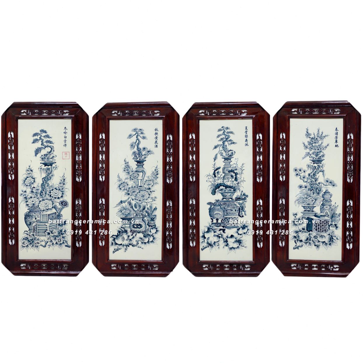 Tranh Cổ Đồ Vẽ Bon Sai 46x92cm Bộ 4 Bức Khung Đẹp Tặng Phong Thủy 