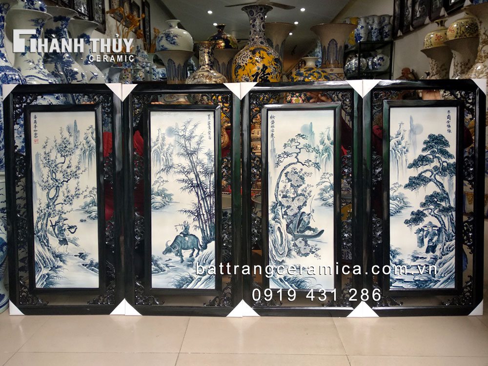 Tranh ngư tiều canh mục men chàm 50x100cm tứ quý tinh xảo