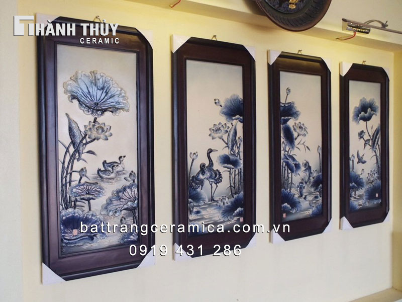 Tranh sen phú quý men chàm cổ đẹp trang trí phòng khách giá tốt