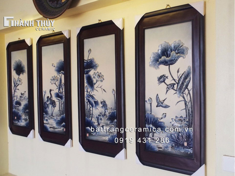 Tranh sen phú quý men chàm cổ đẹp trang trí phòng khách giá tốt 