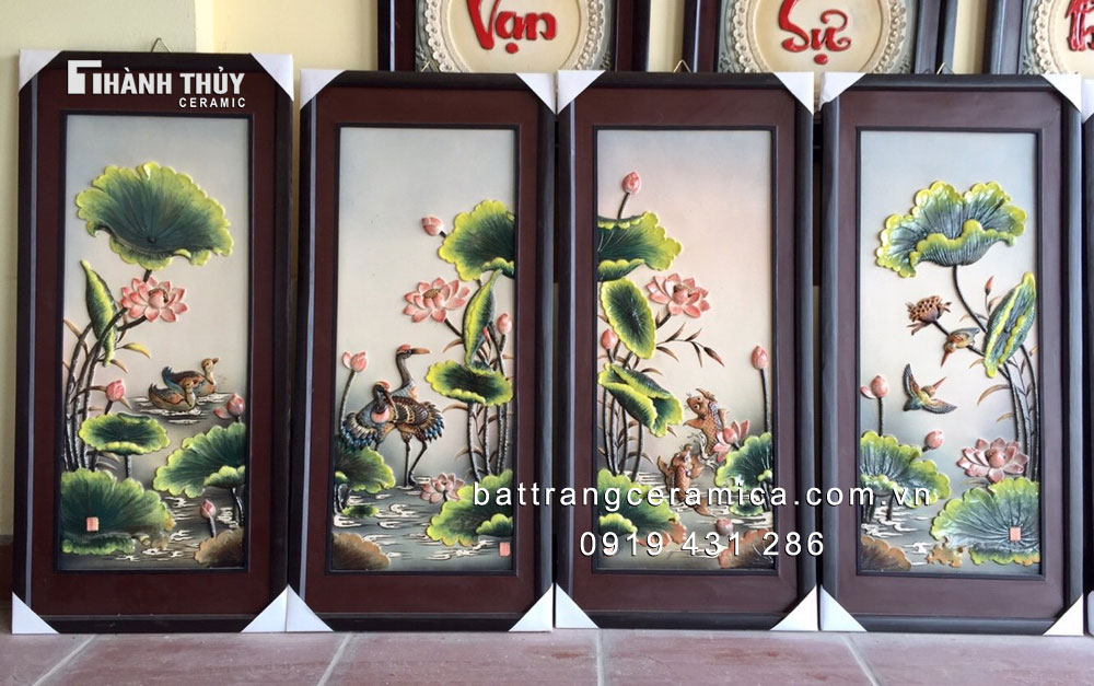 Tranh sứ đắp nổi sen phú quý 45x90cm trang trí sang trọng