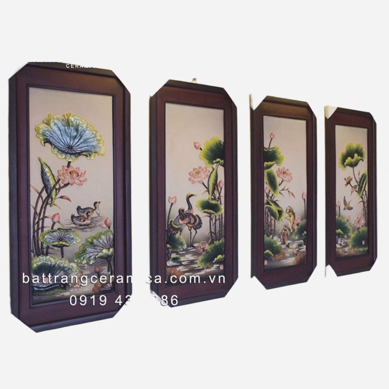 Tranh sứ đắp nổi sen phú quý 45x90cm trang trí sang trọng 