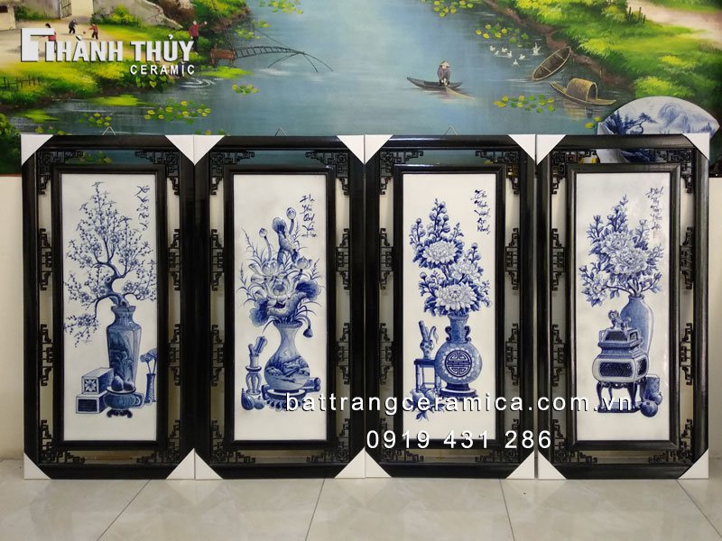 Tranh tứ quý men lam cổ 50x1m đắp nổi thủ công độc đáo 
