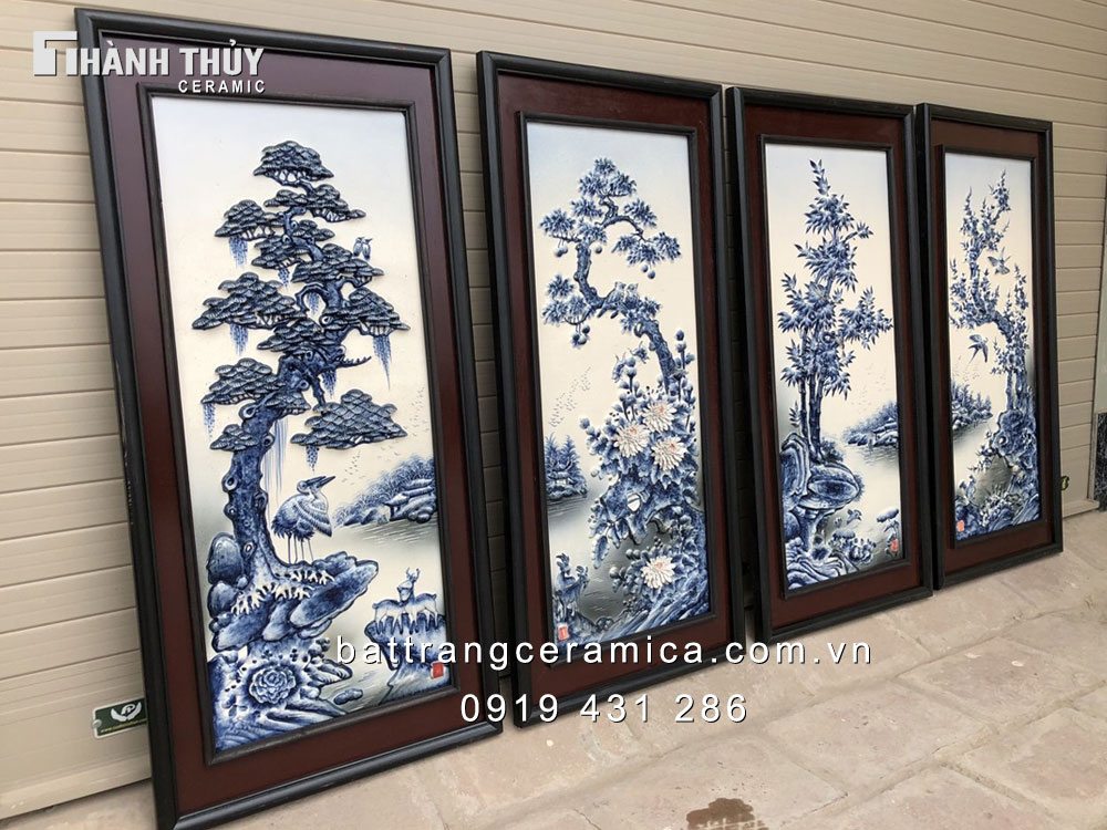 Tranh tứ cảnh men chàm 45x90 cm trang trí sang trọng vận may