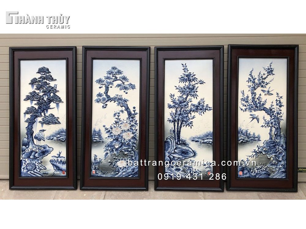 Tranh tứ cảnh men chàm 45x90 cm trang trí sang trọng vận may 