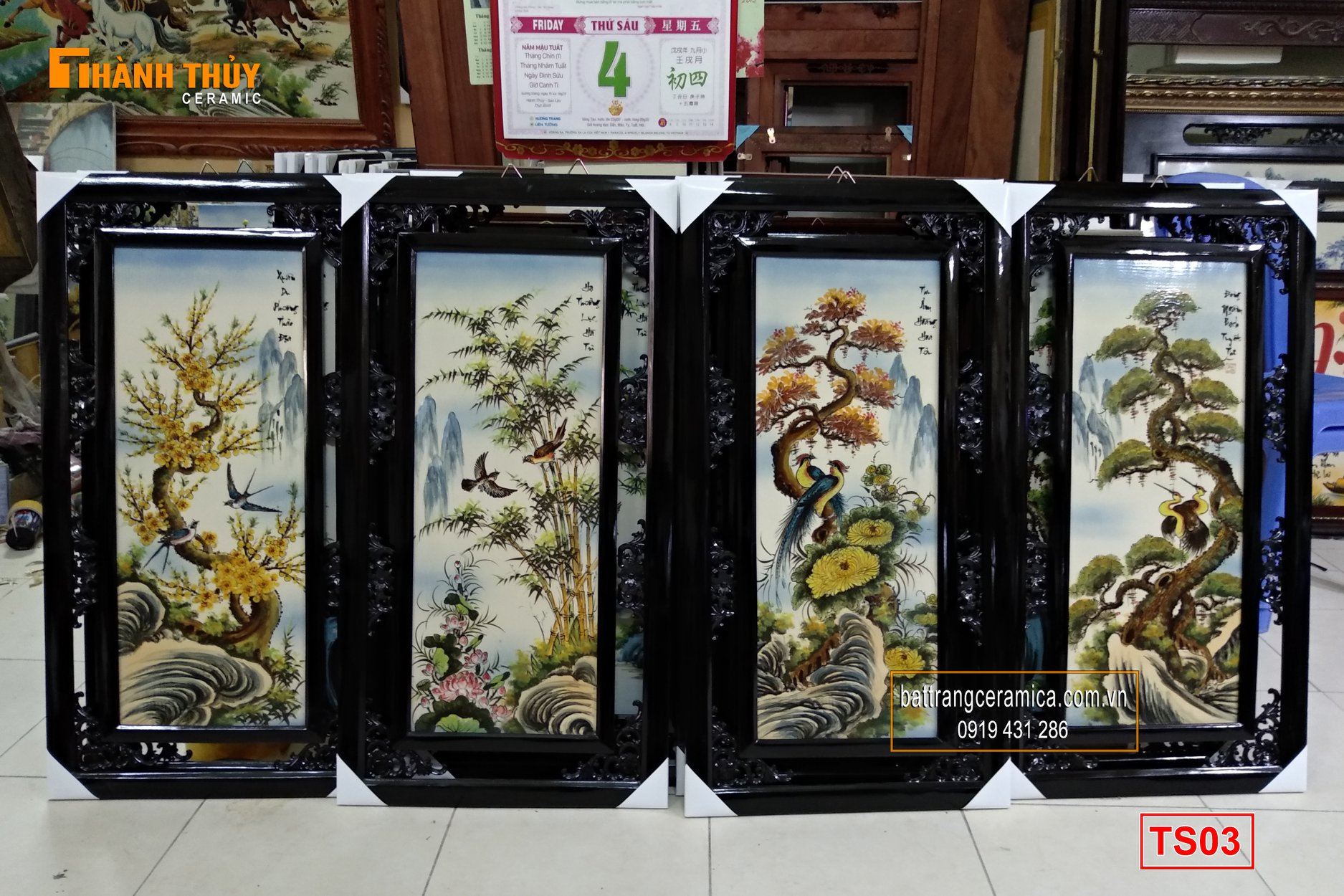 Tranh Tứ Quý phối màu 50x100cm khung đẹp may mắn tài lộc