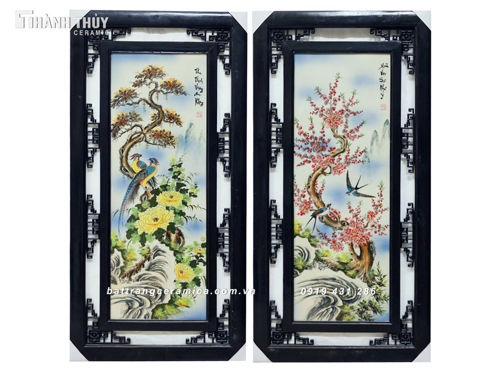Tranh Tứ Quý phối màu 50x100cm khung đẹp may mắn tài lộc