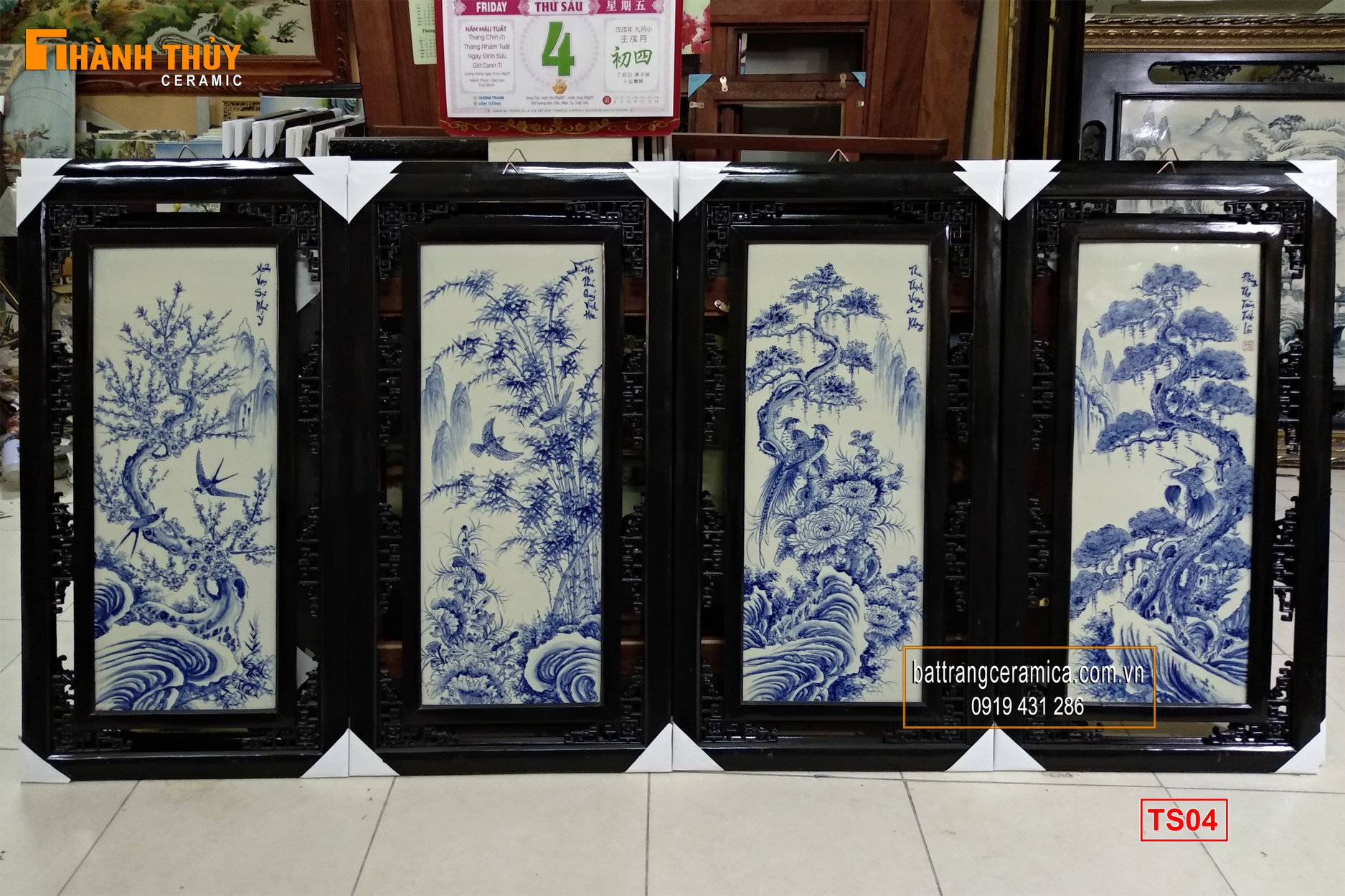 Tranh sứ tứ quý men lam 48x98 phong thủy đẹp bán chạy