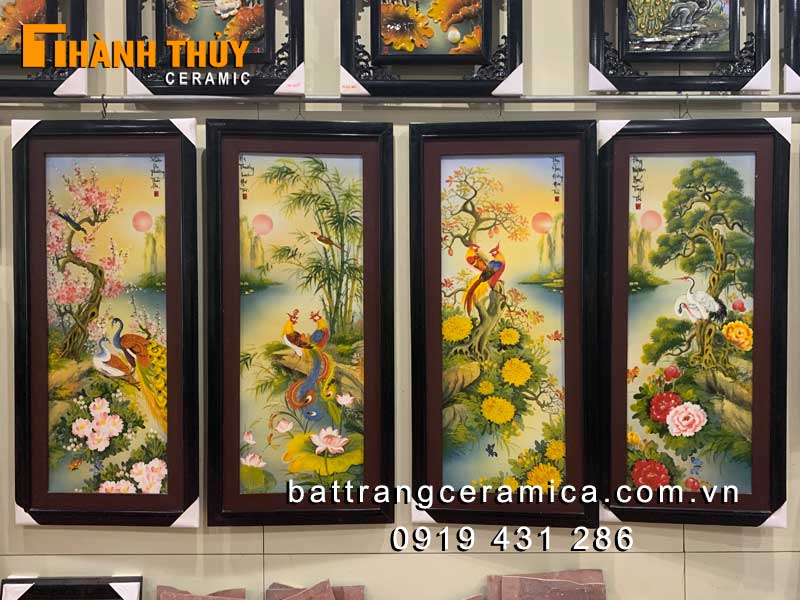 Bộ tranh tứ quý sứ Bát Tràng 1m2 đẹp, phong thủy, quà tặng sang 